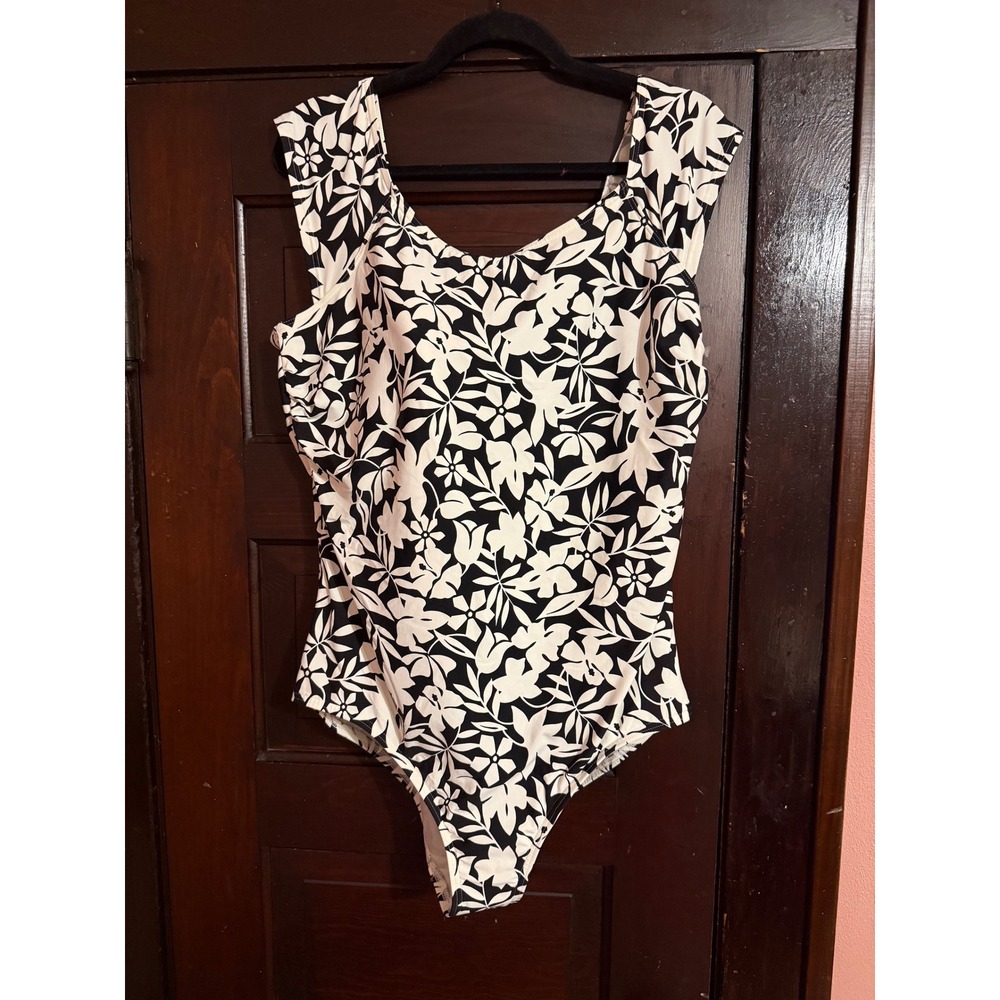 Lands End Womens Floral One Piece Swimsuit Black White Lattice Back 20W NWOT